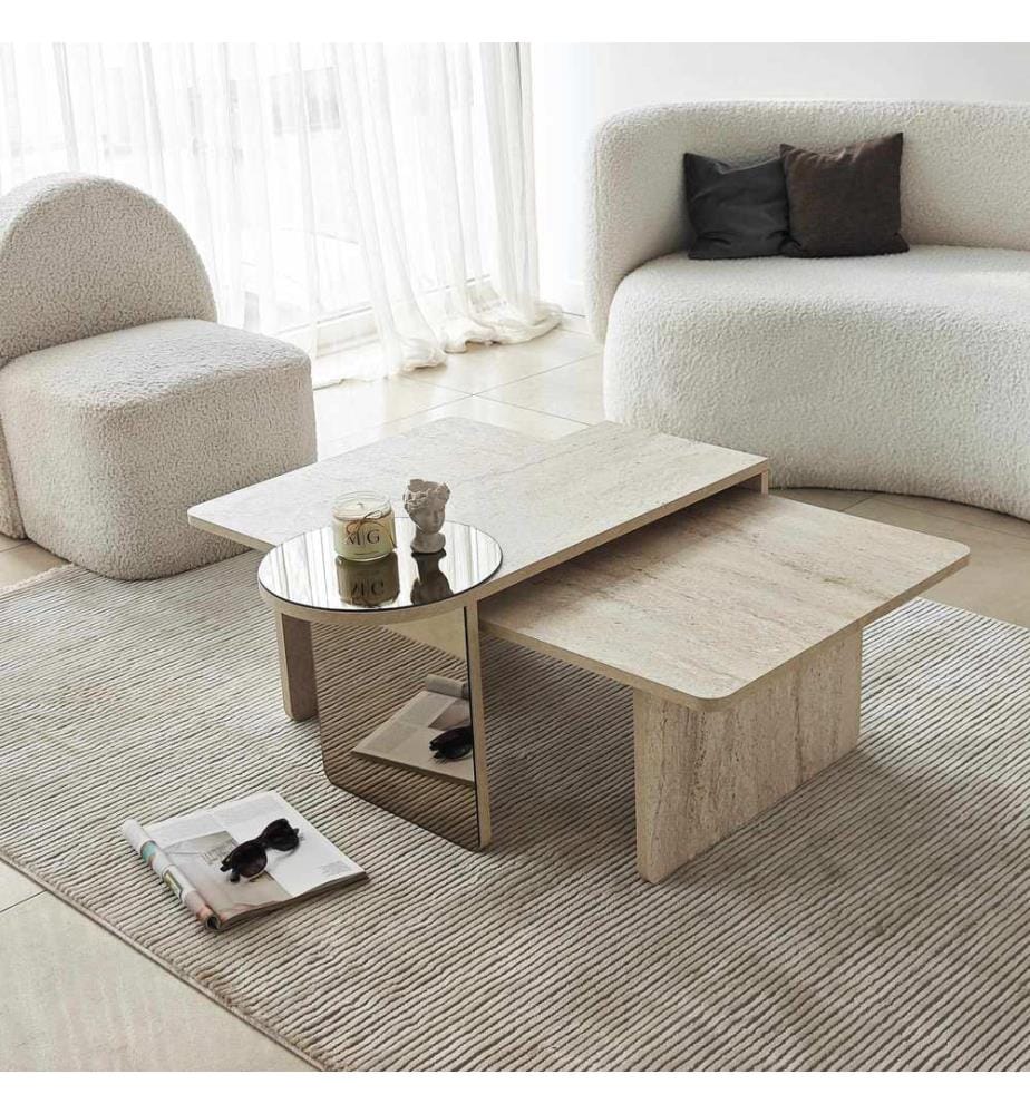 Nesting Table, 2 Pieces, Travertine, Bronze, 100% MELAMINE COATED CHIPBOARD