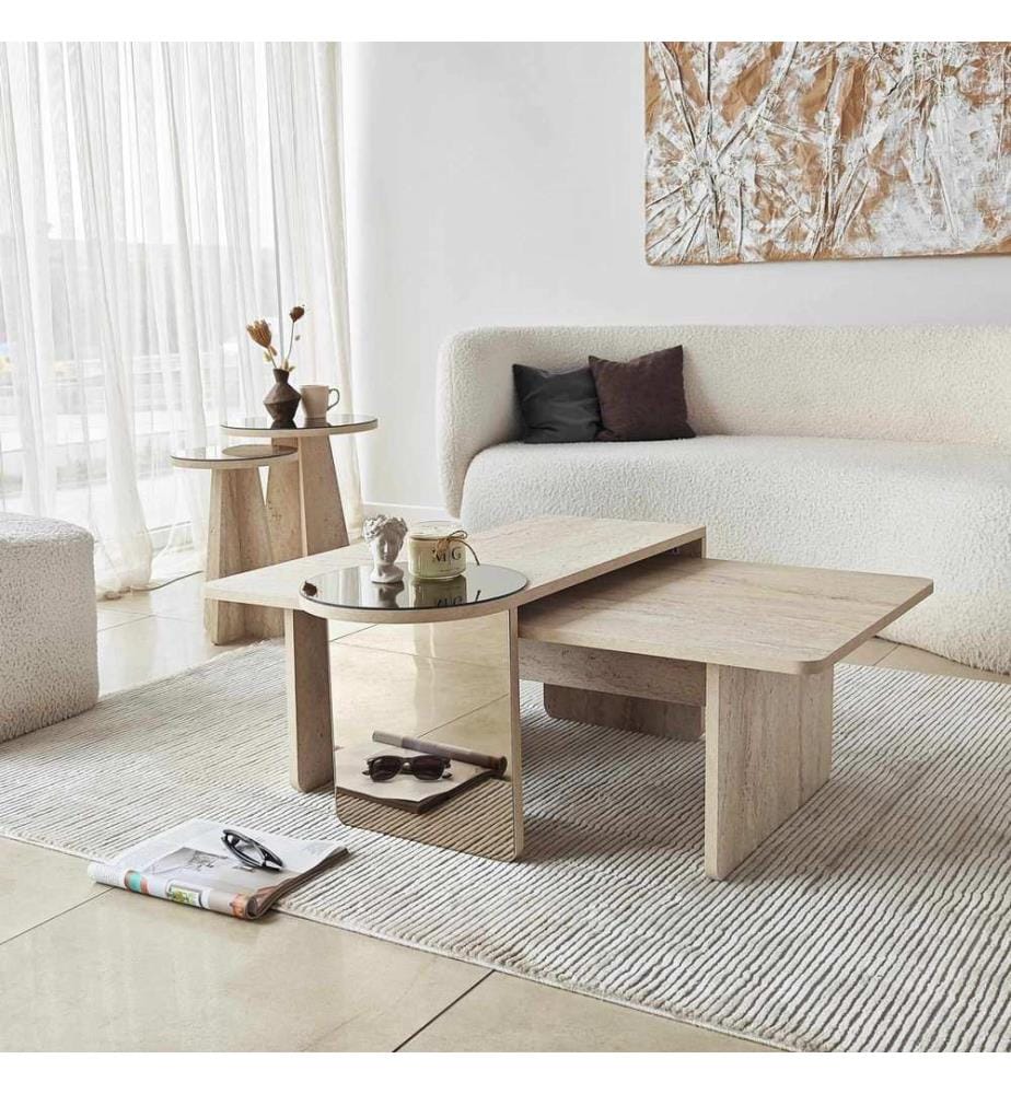 Nesting Table, 4 Pieces, Travertine, Bronze, 100% MELAMINE COATED CHIPBOARD