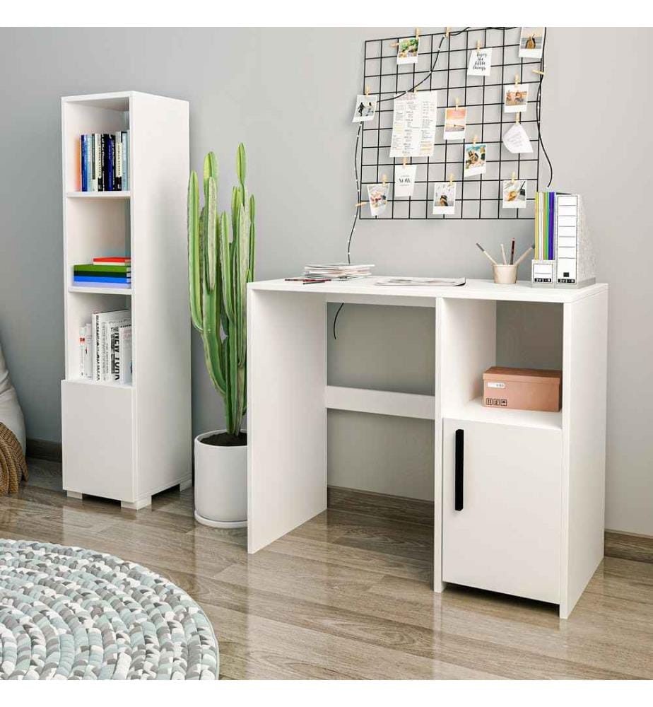 Scrivania e scaffale per studio, bianco, pannello in particelle rivestito in melamina