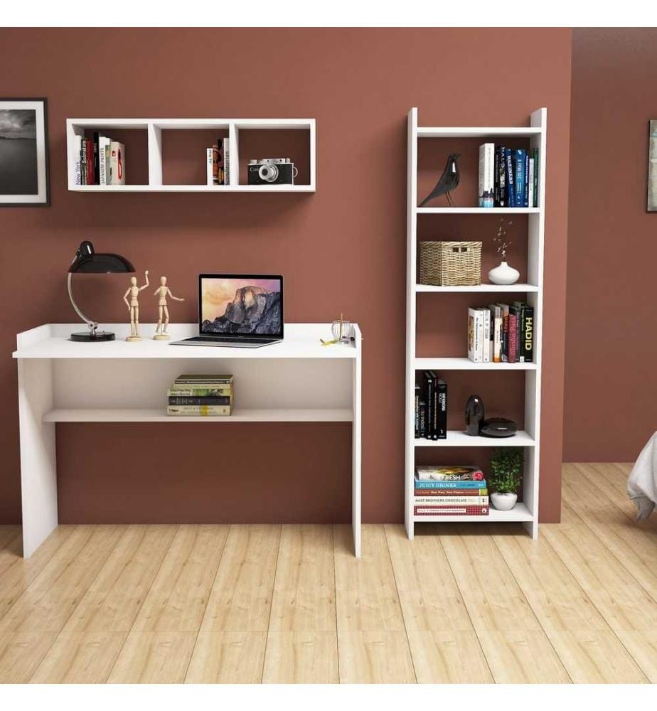 Scrivania e scaffale per studio, bianco, pannello in particelle rivestito in melamina