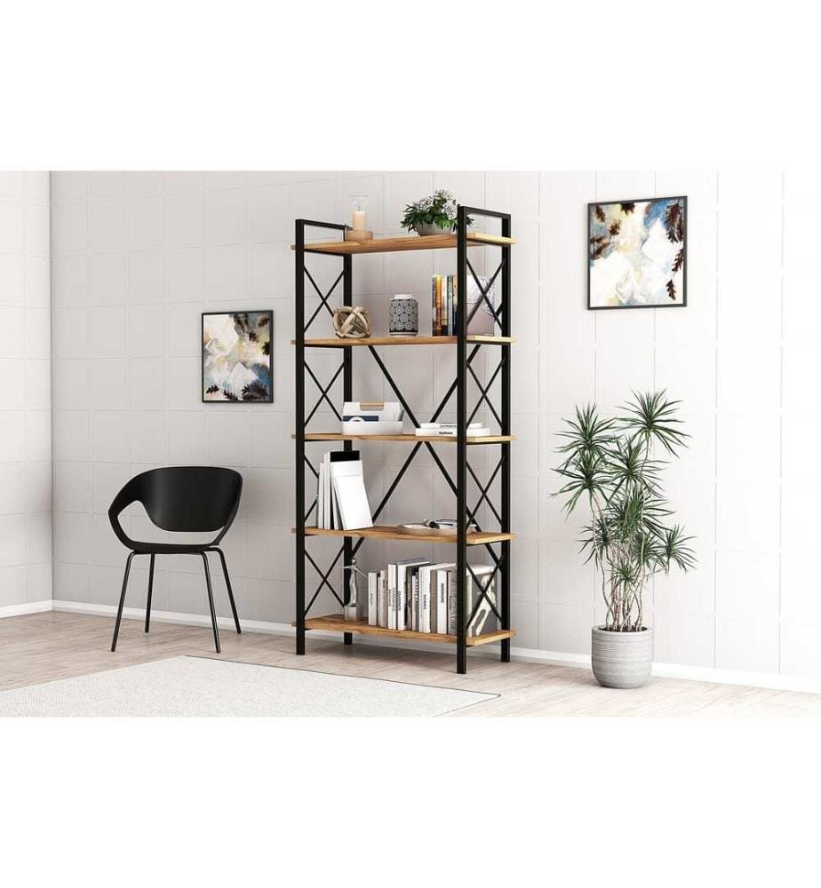 Libreria, Noce, Nero, Pannello di particelle rivestito in melaminico, Struttura in metallo