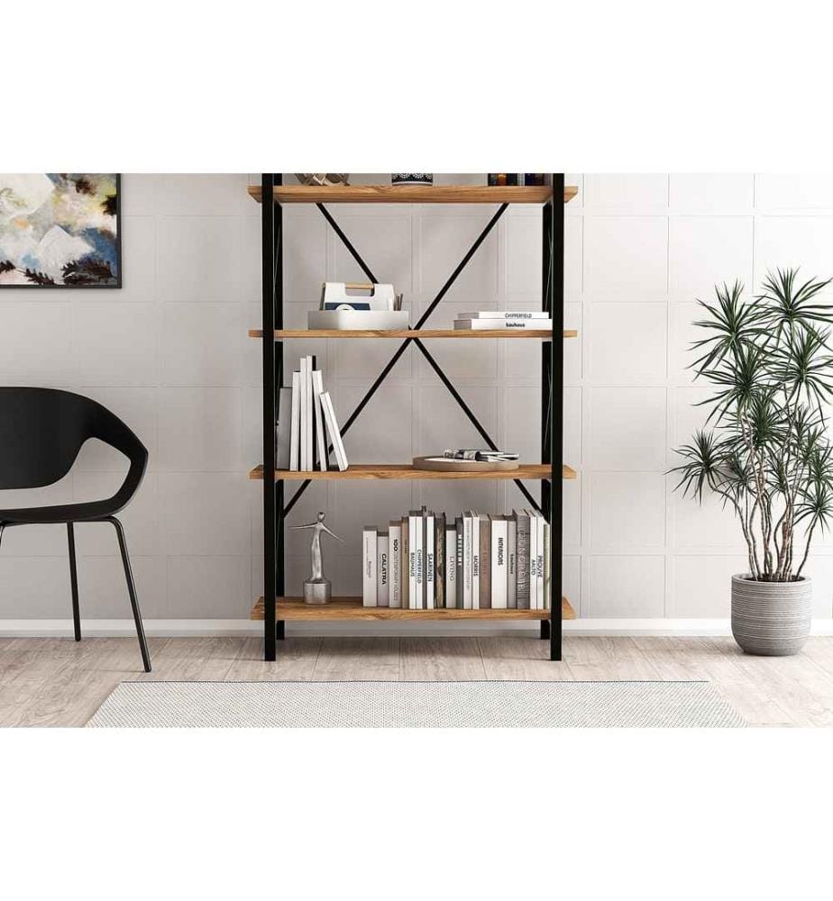 Libreria, Noce, Nero, Pannello di particelle rivestito in melaminico, Struttura in metallo