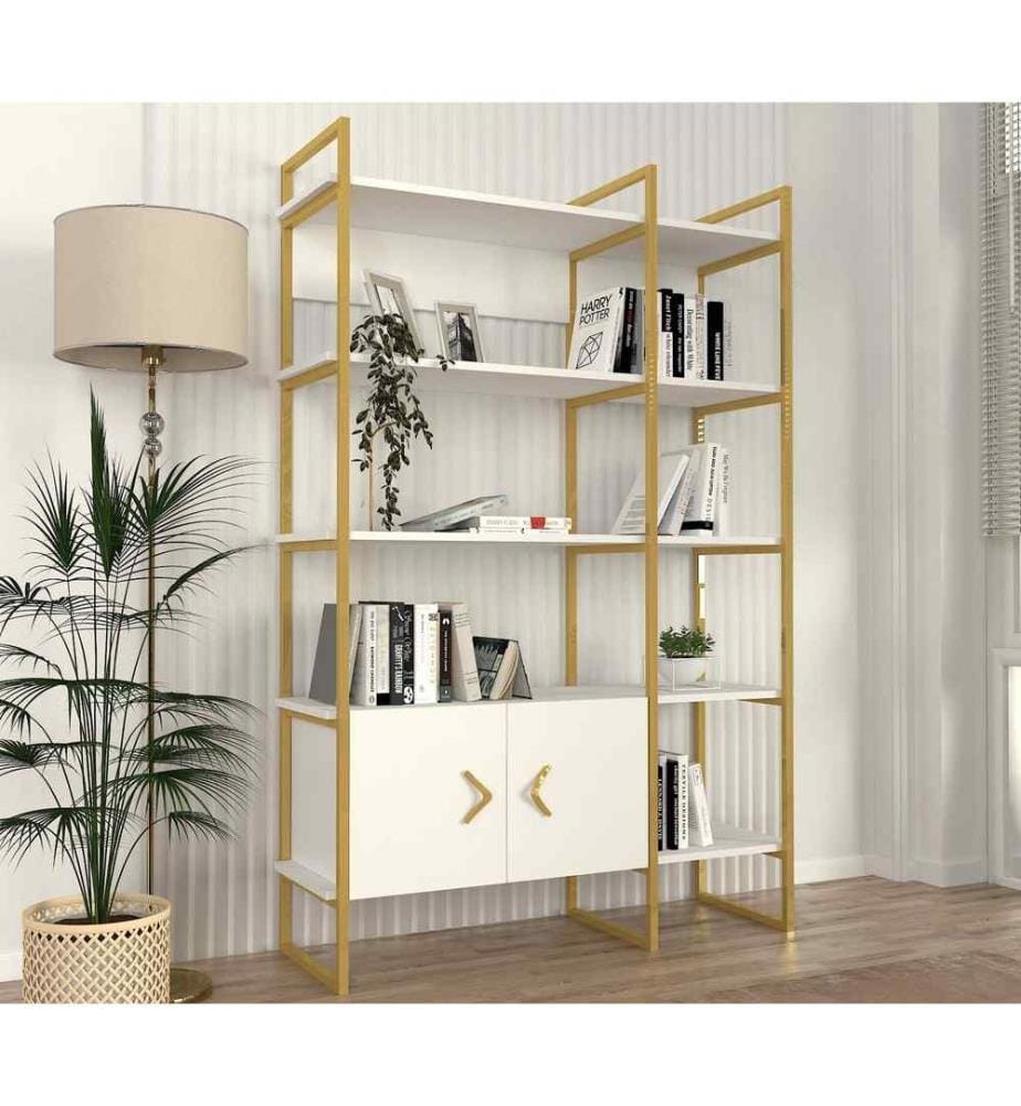Libreria, Bianco, Oro, Pannello di particelle rivestito in melamina, Struttura in metallo