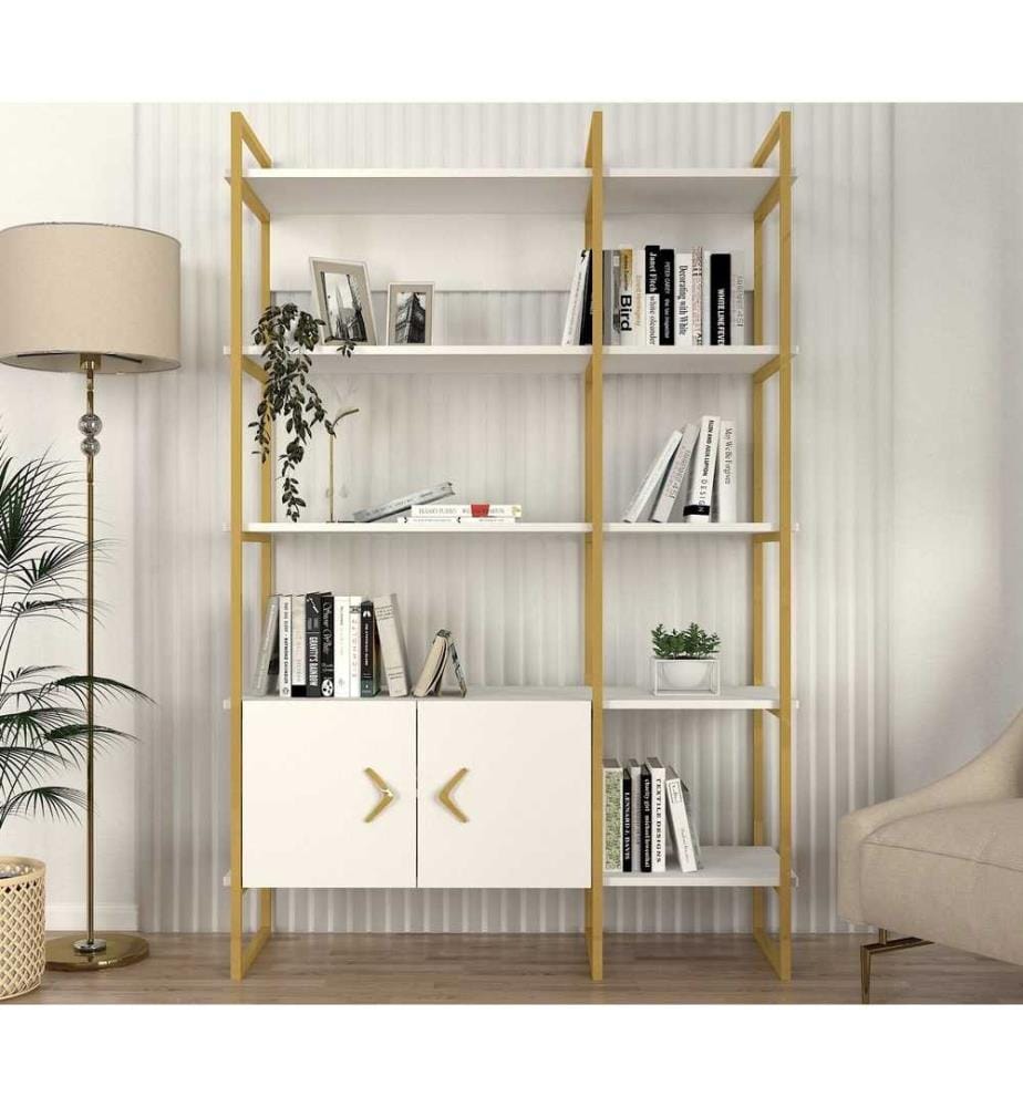 Libreria, Bianco, Oro, Pannello di particelle rivestito in melamina, Struttura in metallo