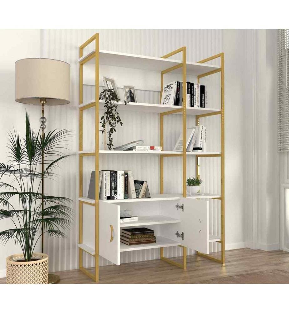 Libreria, Bianco, Oro, Pannello di particelle rivestito in melamina, Struttura in metallo