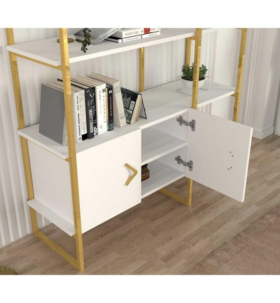 Libreria, Bianco, Oro, Pannello di particelle rivestito in melamina, Struttura in metallo