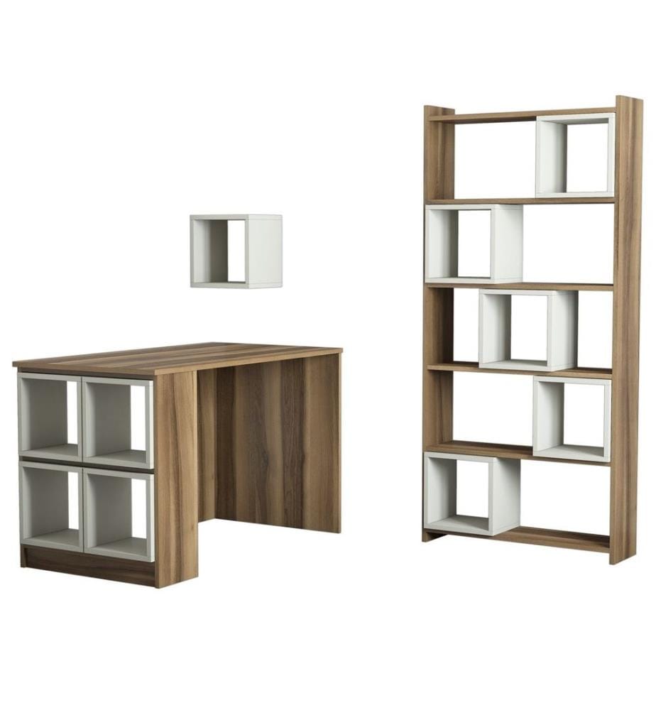 Scrivania e libreria da studio, crema noce, pannello in particelle rivestito in melamina