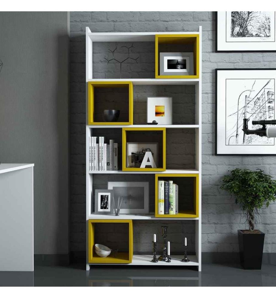 Scrivania e libreria per studio, bianco giallo, pannello in particelle rivestito di melamina