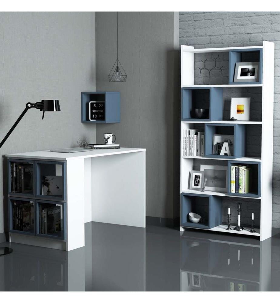 Scrivania e libreria per studio, bianco blu, pannello in particelle rivestito in melamina
