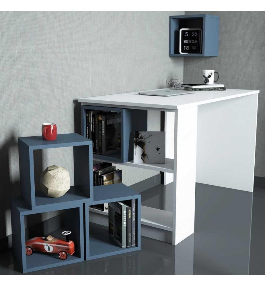 Scrivania e libreria per studio, bianco blu, pannello in particelle rivestito in melamina