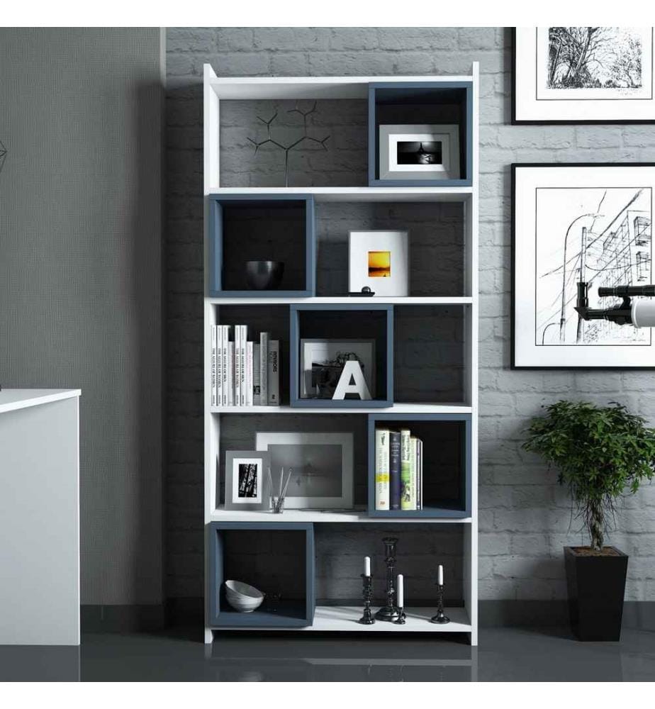 Scrivania e libreria per studio, bianco blu, pannello in particelle rivestito in melamina