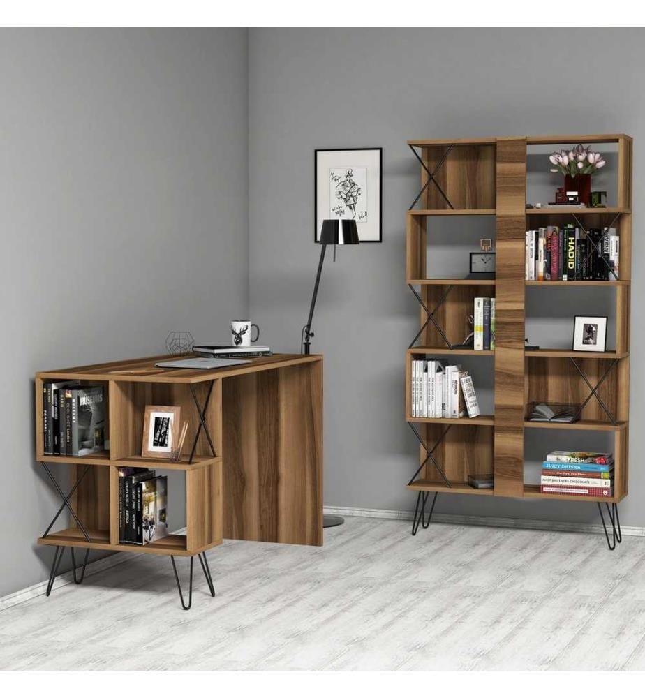 Scrivania e libreria da studio, noce nero, pannello in particelle rivestito in melamina