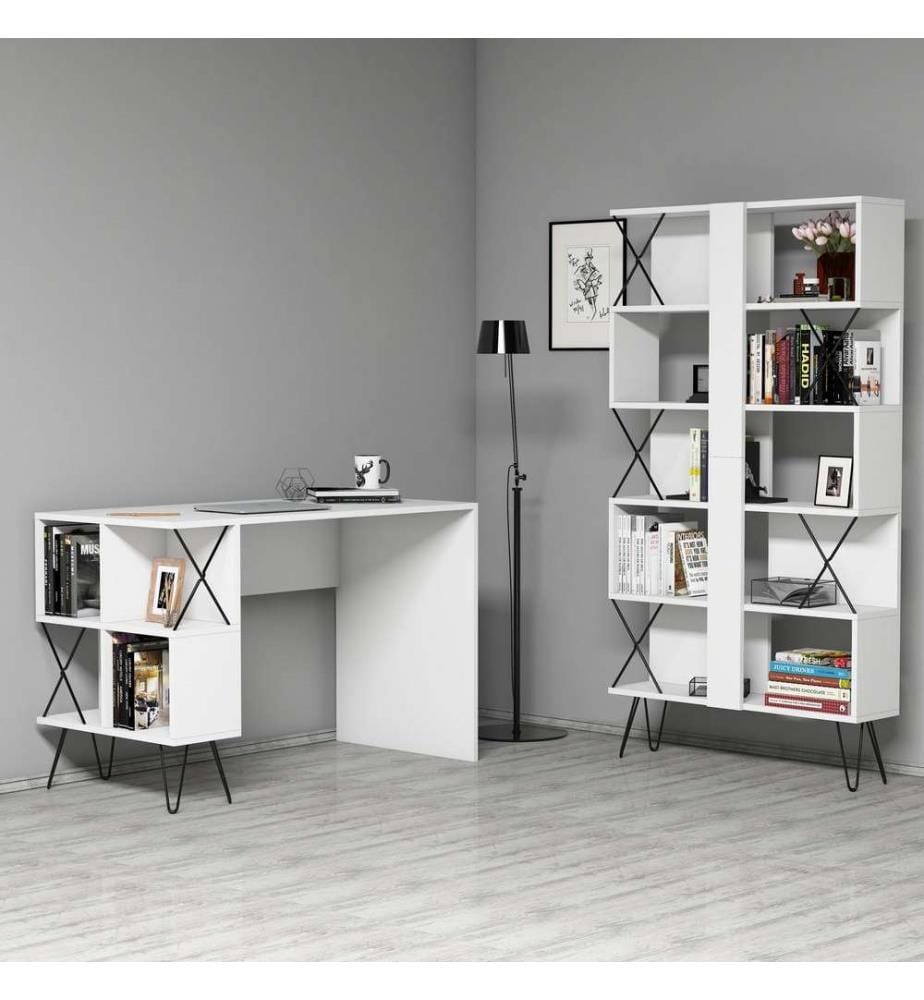 Scrivania e libreria per studio, bianco nero, pannello in particelle rivestito in melamina