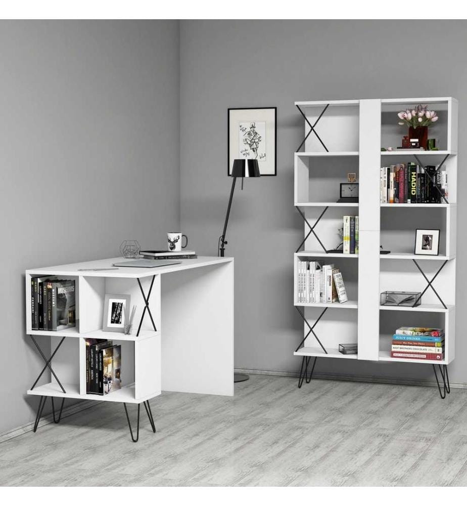 Scrivania e libreria per studio, bianco nero, pannello in particelle rivestito in melamina