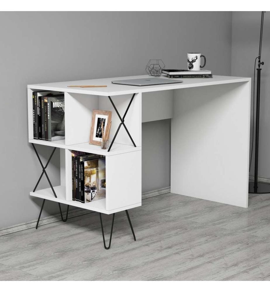 Scrivania e libreria per studio, bianco nero, pannello in particelle rivestito in melamina