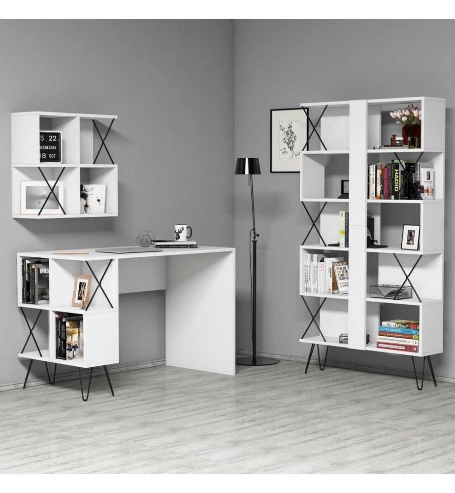 Scrivania e libreria per studio, bianco nero, pannello in particelle rivestito di melamina