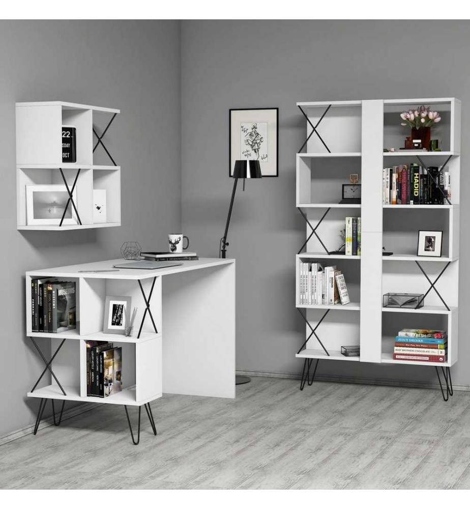 Scrivania e libreria per studio, bianco nero, pannello in particelle rivestito di melamina
