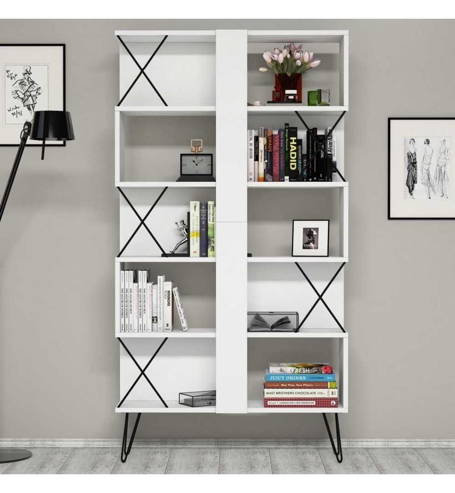 Scrivania e libreria per studio, bianco nero, pannello in particelle rivestito di melamina