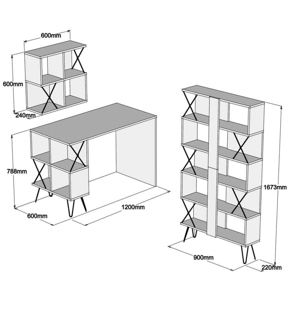 Scrivania e libreria per studio, bianco nero, pannello in particelle rivestito di melamina