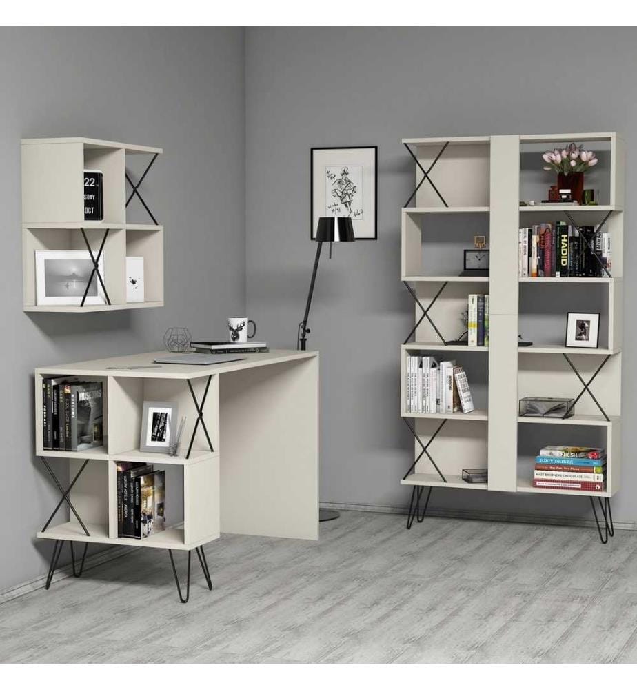 Scrivania e libreria per studio, nero crema, pannello in particelle rivestito di melamina