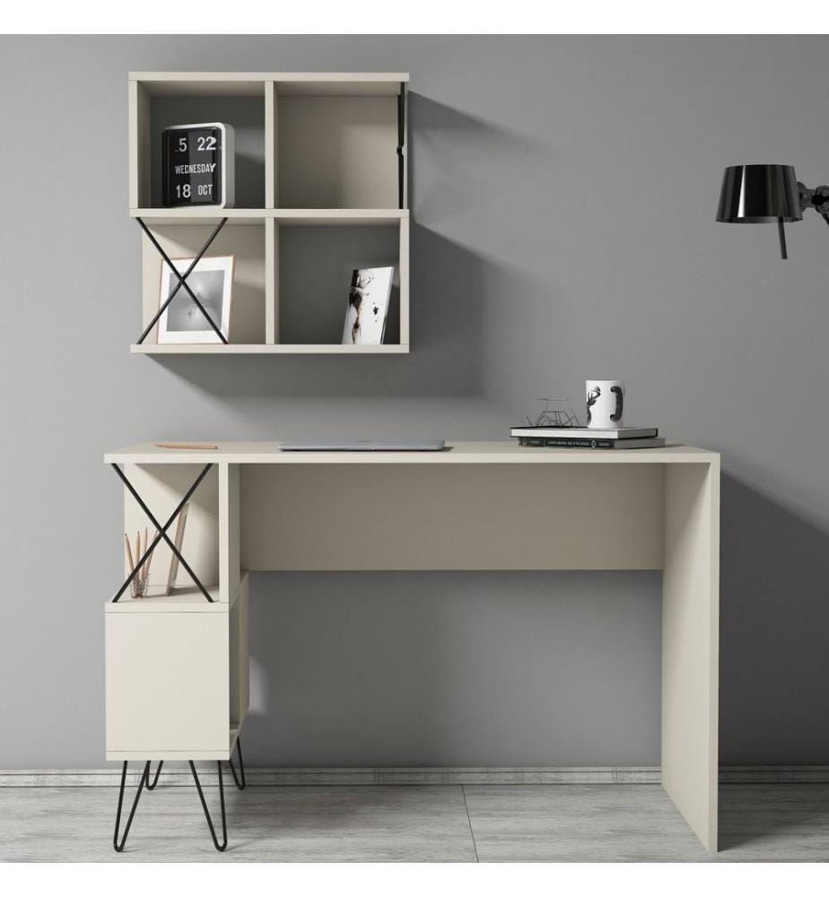 Scrivania e libreria per studio, nero crema, pannello in particelle rivestito di melamina