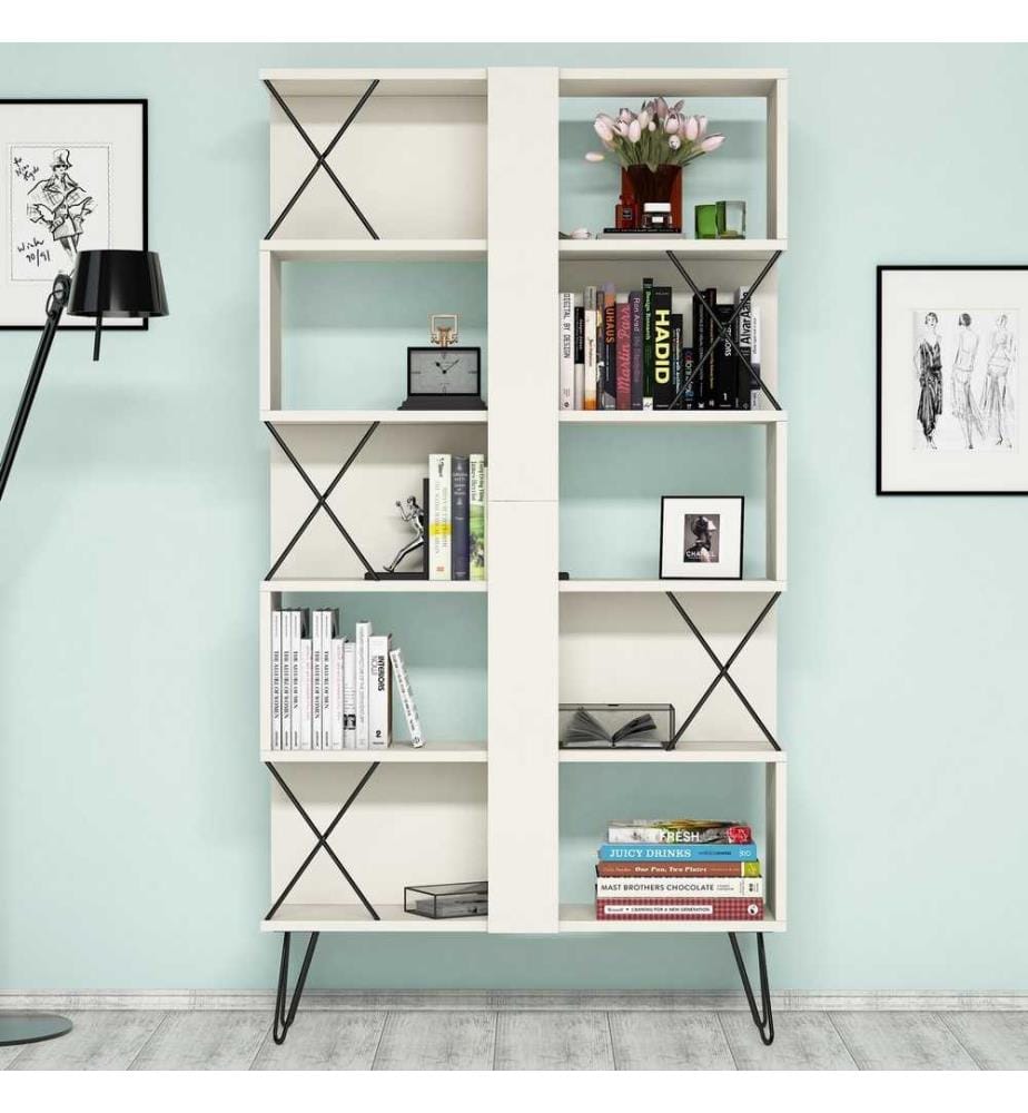 Scrivania e libreria per studio, nero crema, pannello in particelle rivestito di melamina