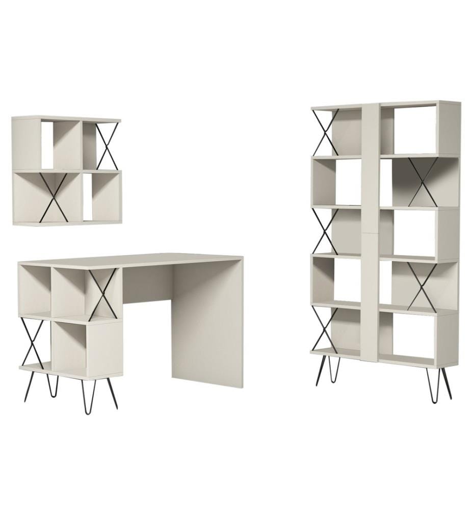 Scrivania e libreria per studio, nero crema, pannello in particelle rivestito di melamina