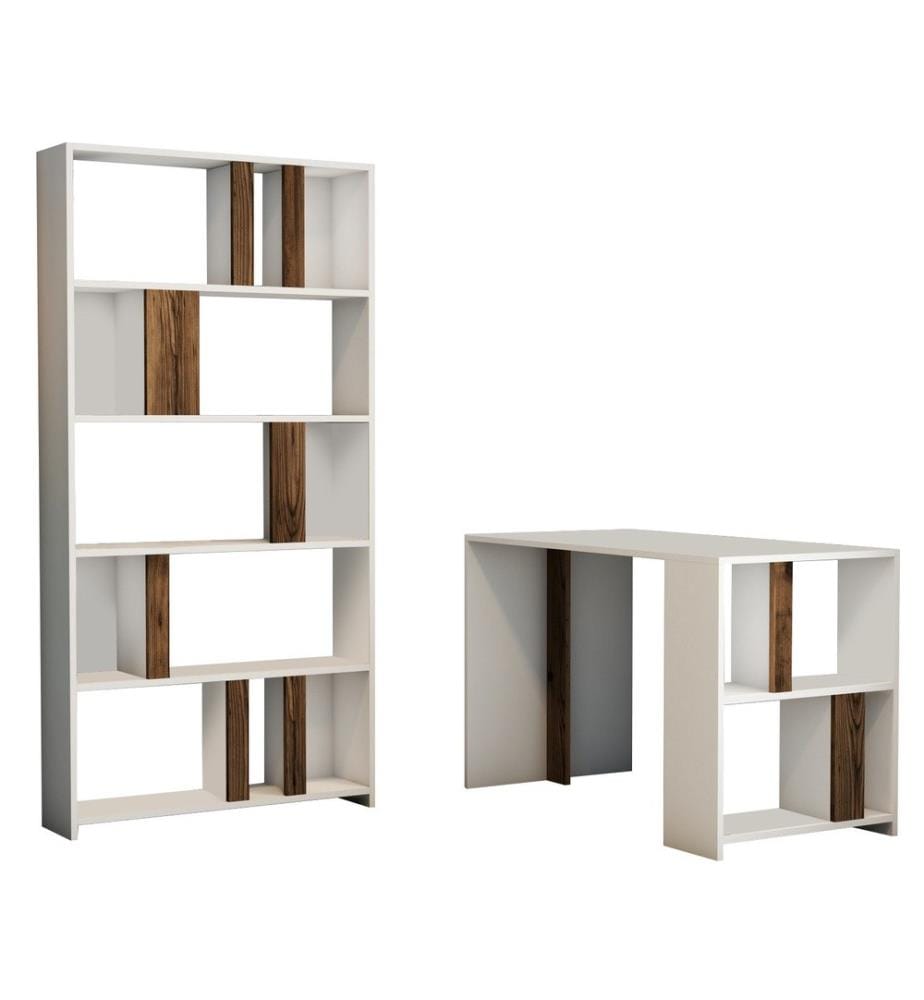 Scrivania e libreria da studio, noce bianco, pannello truciolare rivestito in melamina