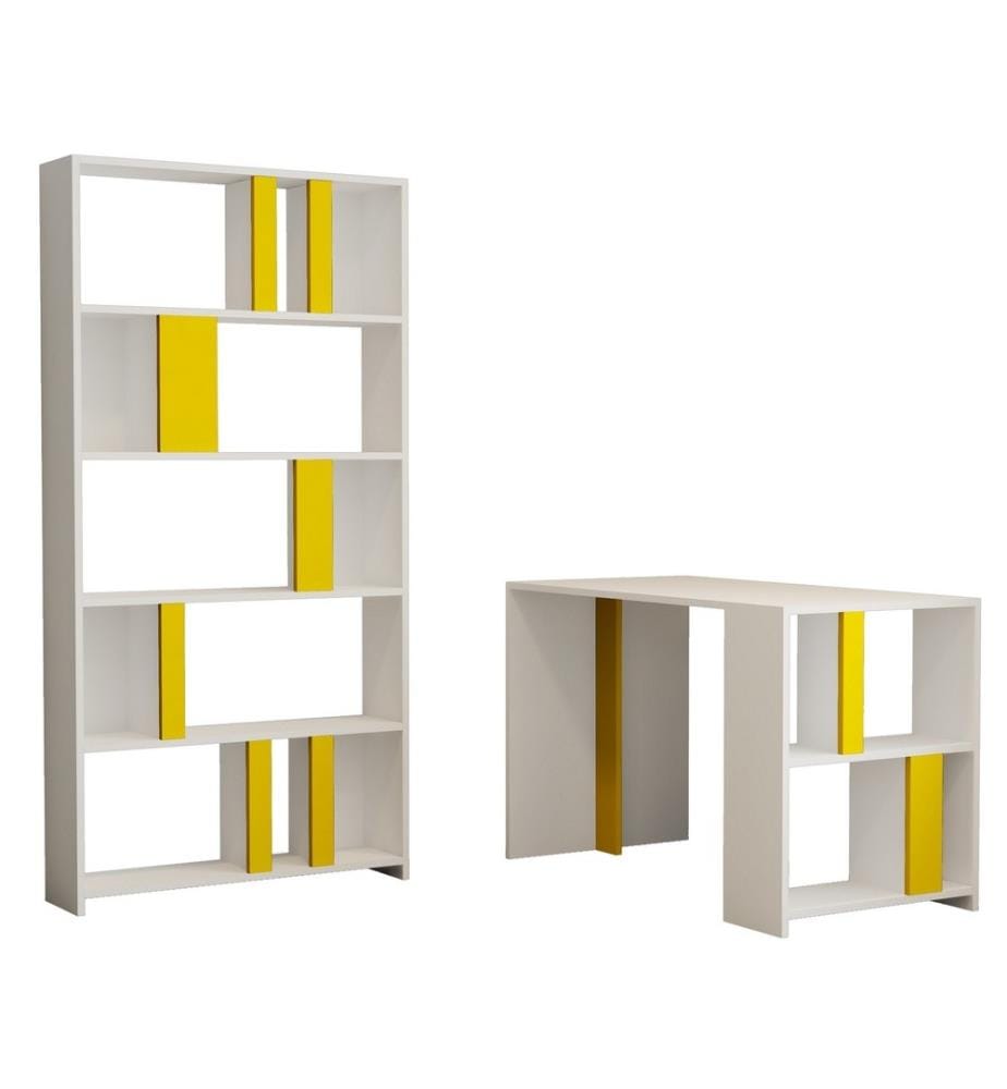 Scrivania e libreria per studio, bianco giallo, pannello in particelle rivestito di melamina