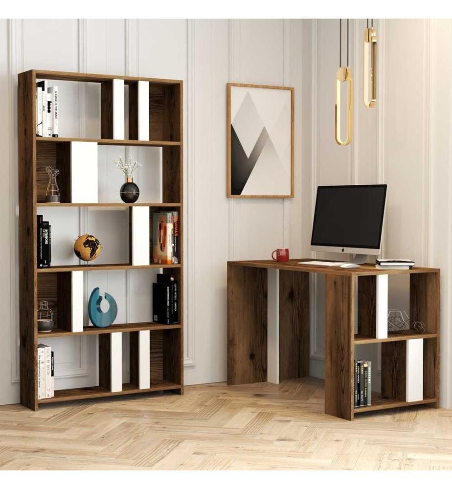 Scrivania e libreria per studio, bianco noce, pannello in particelle rivestito in melamina
