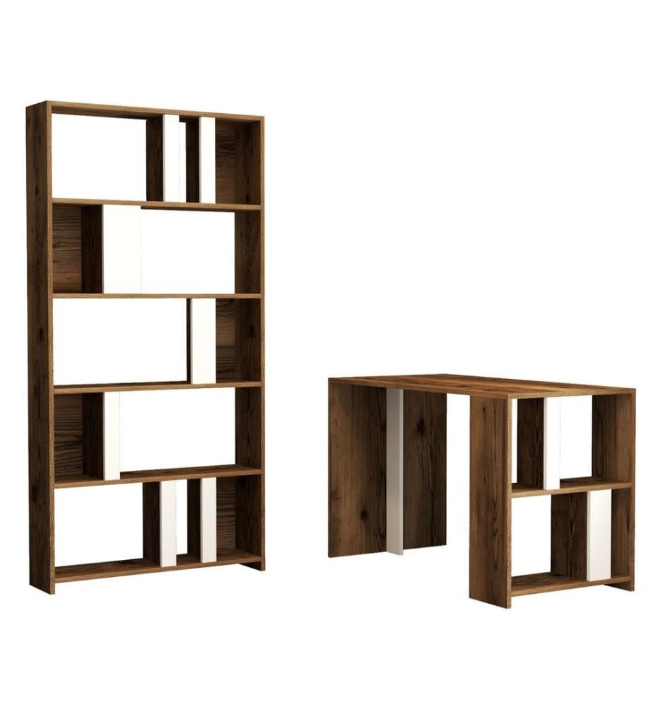 Scrivania e libreria per studio, bianco noce, pannello in particelle rivestito in melamina