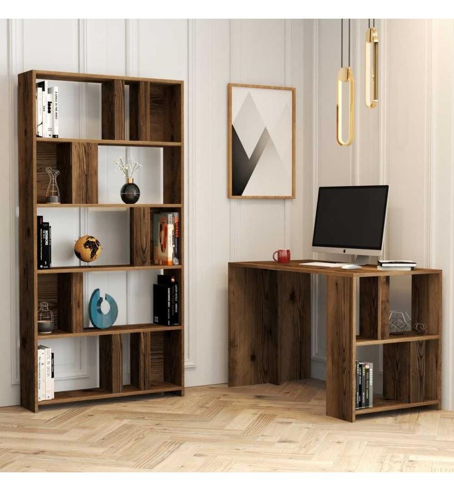 Scrivania e libreria da studio, noce, pannello di particelle rivestito in melamina