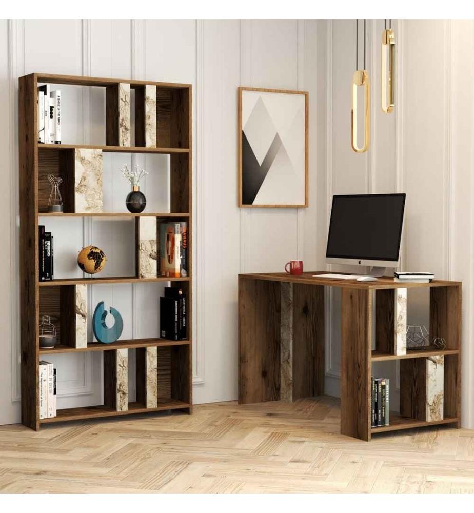 Scrivania e libreria per studio, bianco noce, pannello in particelle rivestito in melamina