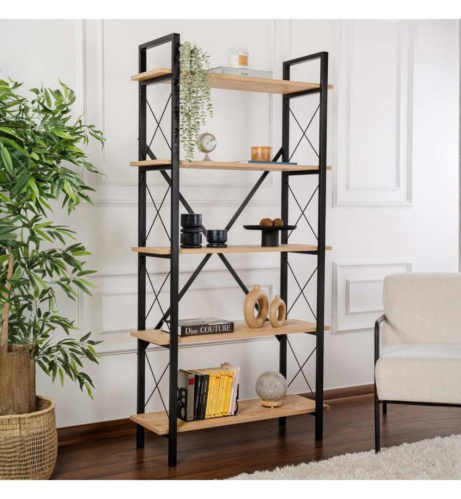 Bücherregal, Eiche, Schwarz, 100 % MELAMINBESCHICHTETE SPANPLATTE, Metallrahmen, Metallbeine