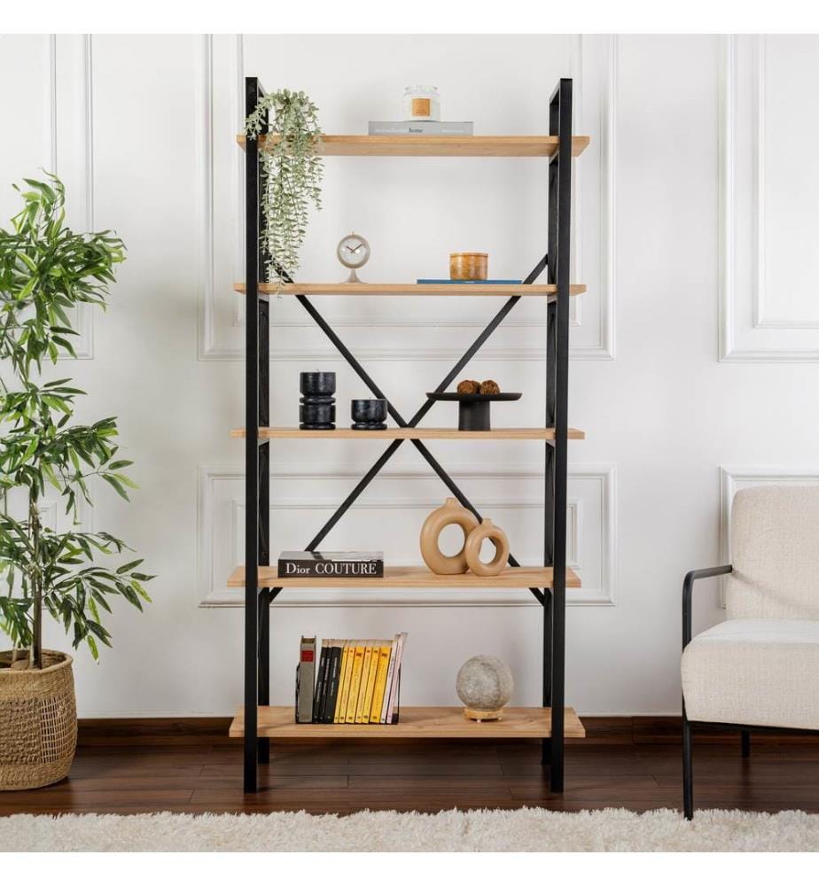 Bücherregal, Eiche, Schwarz, 100 % MELAMINBESCHICHTETE SPANPLATTE, Metallrahmen, Metallbeine