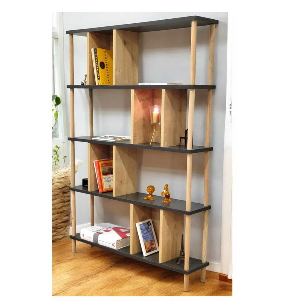 Bücherregal, 100 % melaminbeschichtete Spanplatte, Anthrazit, Eiche