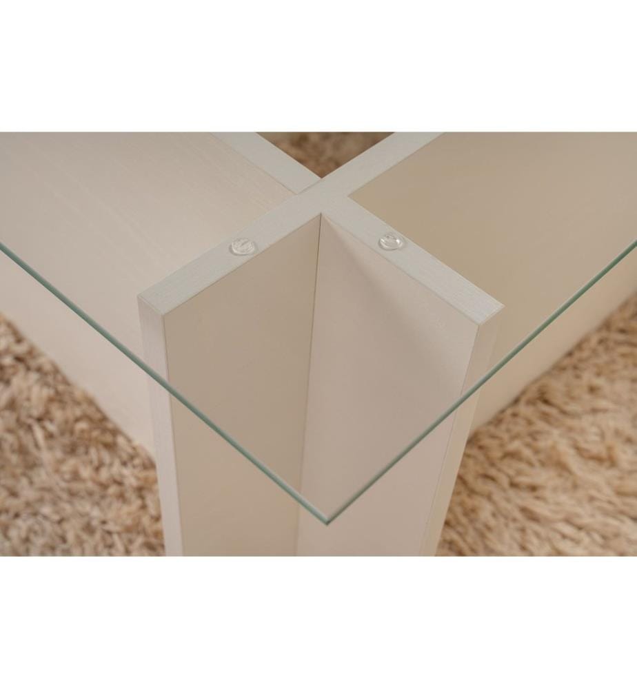 Table basse, bois blanc, 100 % VERRE TEMPÉRÉ, structure : PANNEAU DE PARTICULES 100 % MÉLAMINE