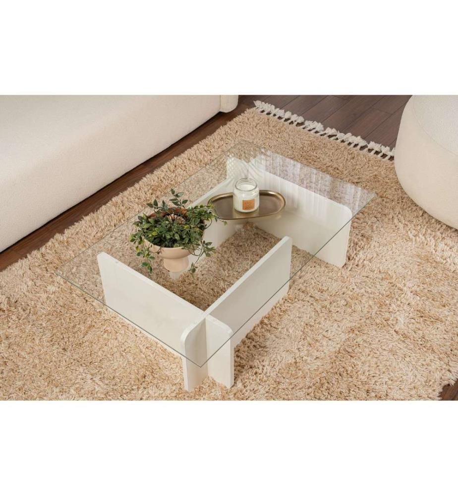 Table basse, bois blanc, 100 % VERRE TEMPÉRÉ, structure : PANNEAU DE PARTICULES 100 % MÉLAMINE