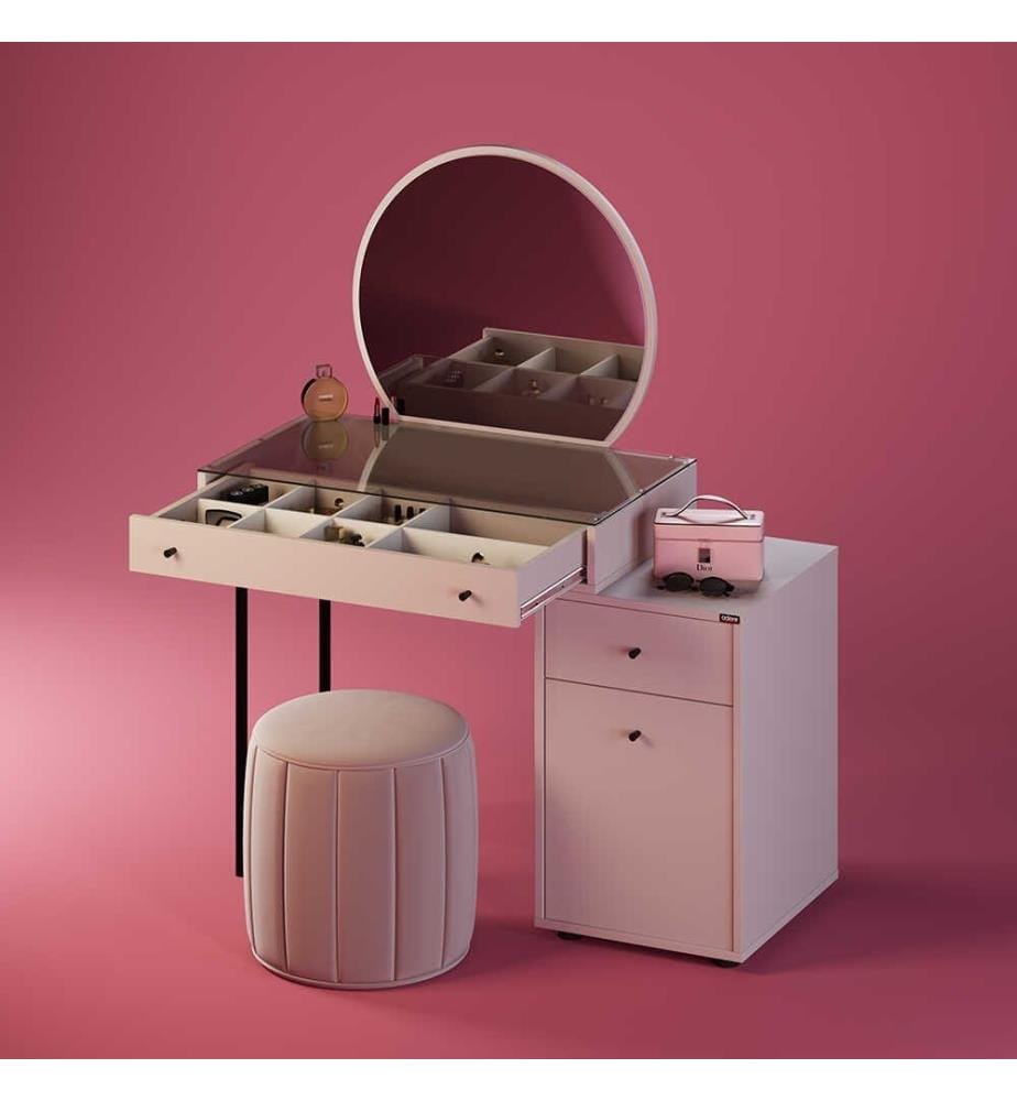 Coiffeuse, vison, panneau de particules 100 % mélaminé, pieds en métal, verre trempé