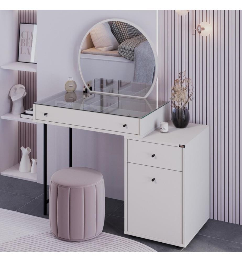 Coiffeuse, vison, panneau de particules 100 % mélaminé, pieds en métal, verre trempé