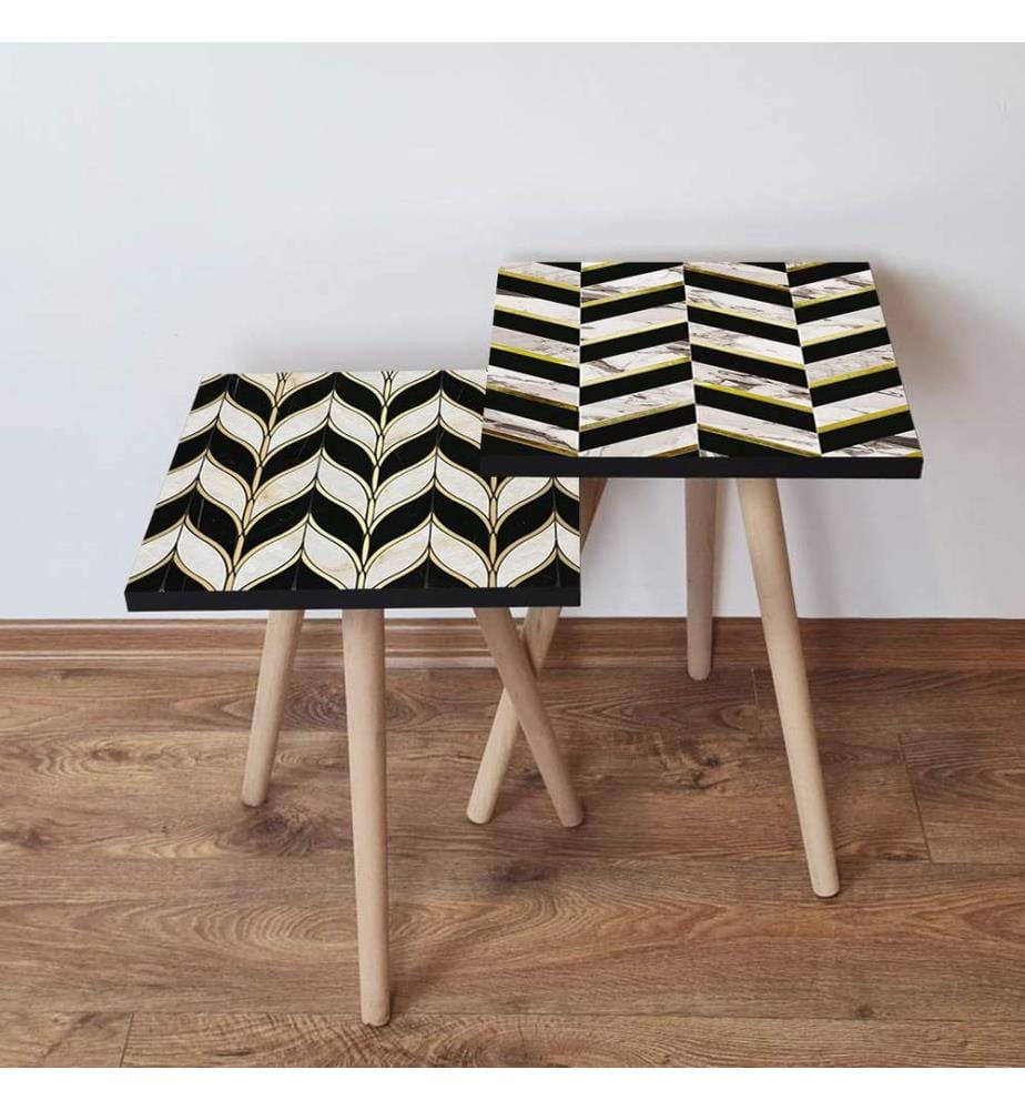 Table gigogne, 2 pièces, noir, doré, blanc, 100 % MDF, , pieds en bois de hêtre