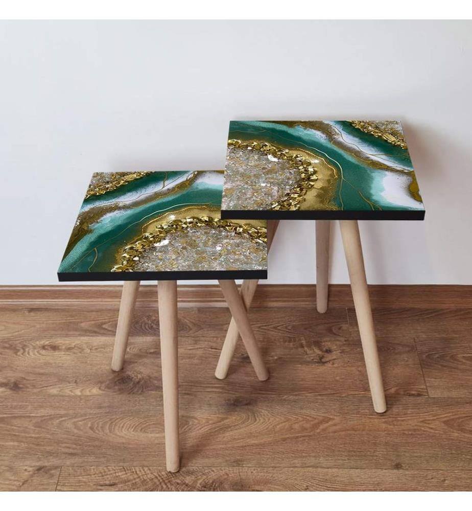 Table gigogne, 2 pièces, beige, doré, vert, blanc, 100 % MDF, , pieds en bois de hêtre