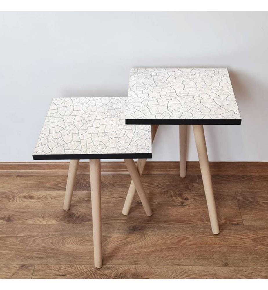 Table gigogne , 2 Pièces, Blanc, Gris, MDF, Pieds en hêtre
