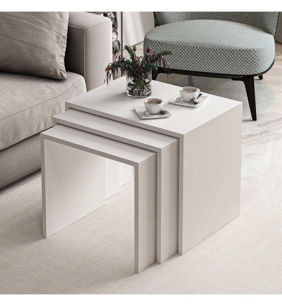 Tavolino da nido , 3 pezzi, Bianco, Pannello di particelle rivestito in melamina