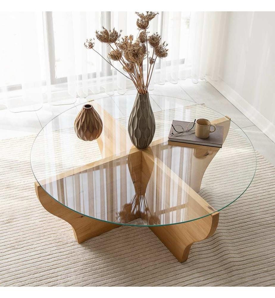 Table basse, Teck, Verre trempé , Piétement : Bois massif