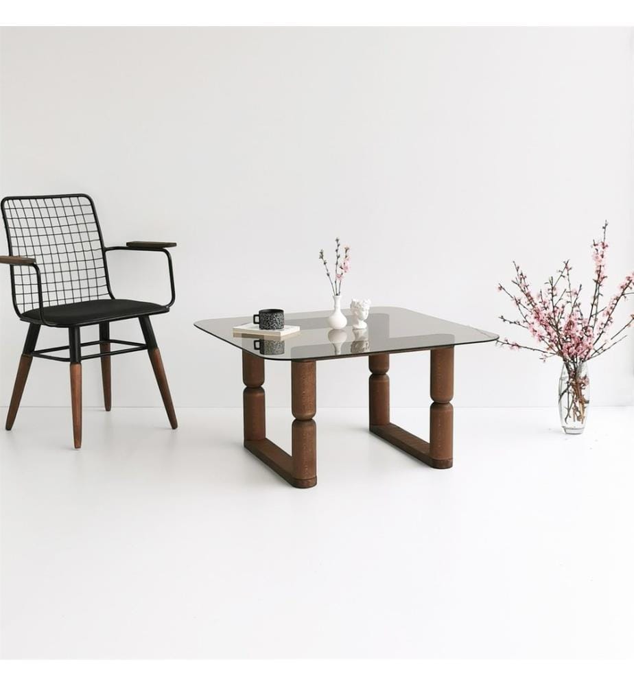 Table basse, Bronze, Verre trempé, Piétement : MDF Hêtre