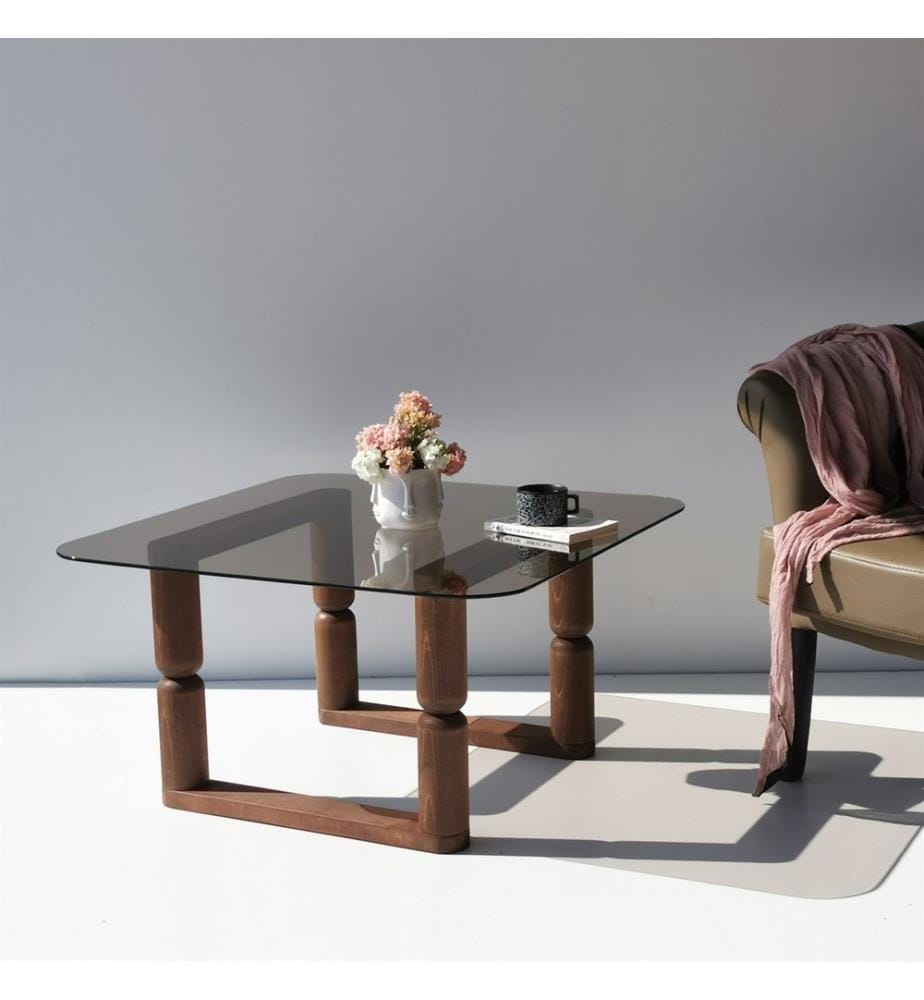 Table basse, Bronze, Verre trempé, Piétement : MDF Hêtre