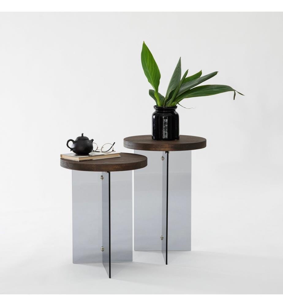 Table basse, Noyer, Gris foncé, Verre trempé, Piétement : MDF