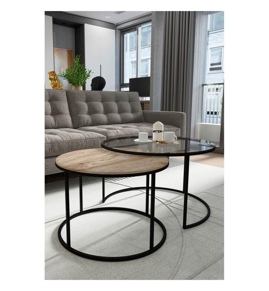 Table à café, Transparent, Pin antique, Dessus : Verre trempé, Dessous : MDF MDF