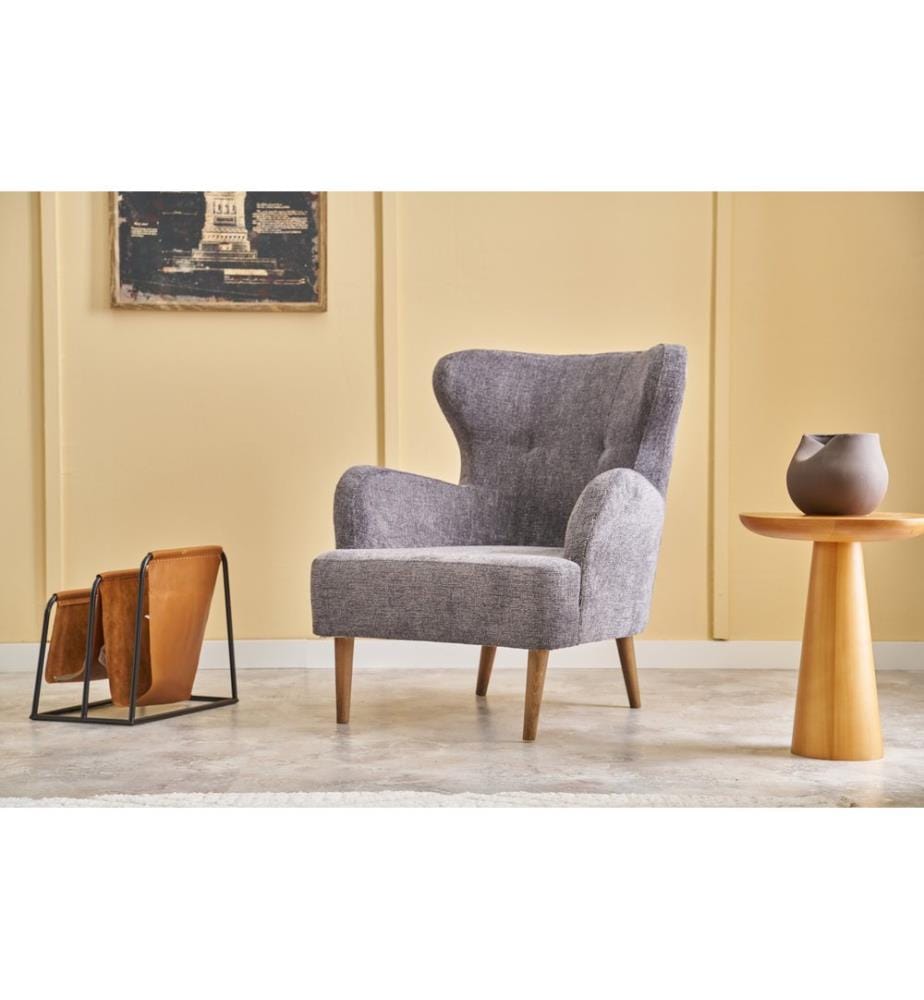 Ohrensessel, grau, Gestell: HORNBEAM WOOD, Bezug: 100 % GEWEBTE CHENILLE, Holzbeine
